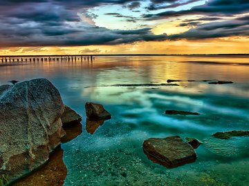 风景 海滩 栈桥 礁石