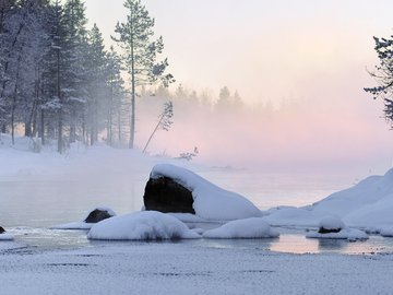 风景 雪景 树林 河流