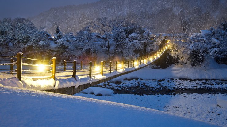 风景 雪景 小桥 夜景