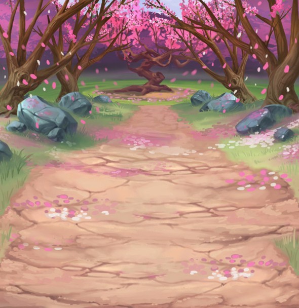 【桃花树,小石路,若此刻貂蝉在此是否会与花瓣翩翩起舞呢】